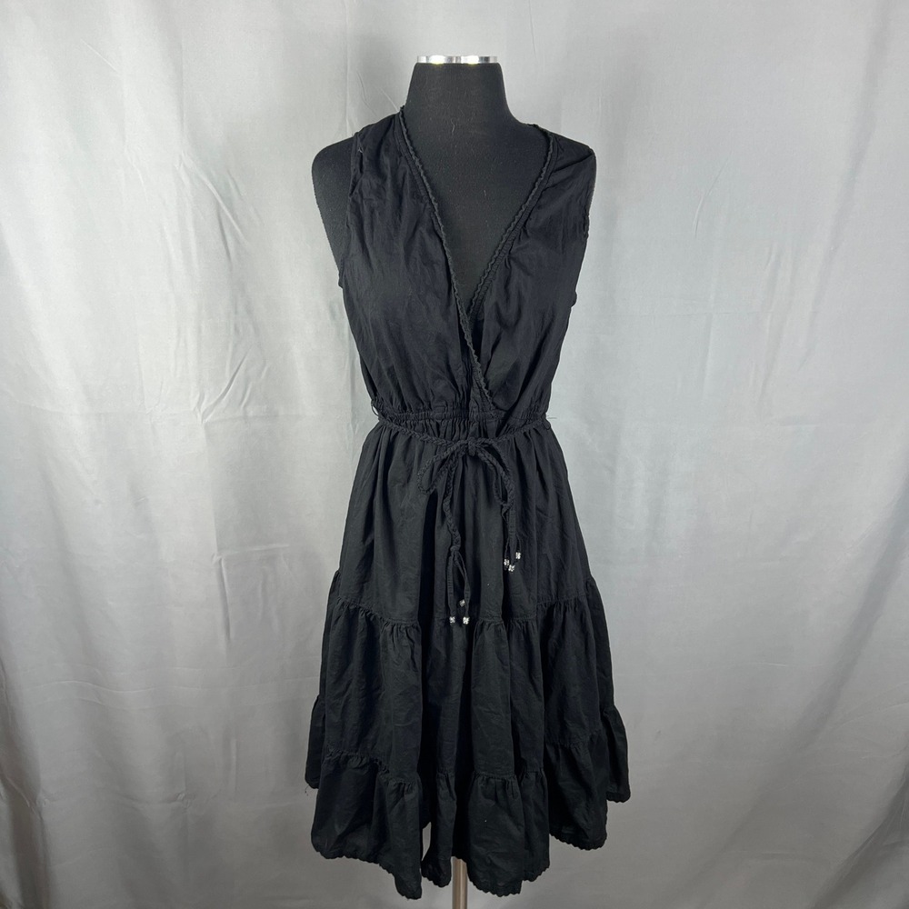 Nostalgia Fit & Flare Dress Women M Black Cotton Crochet Lace Trim Surplice Neck